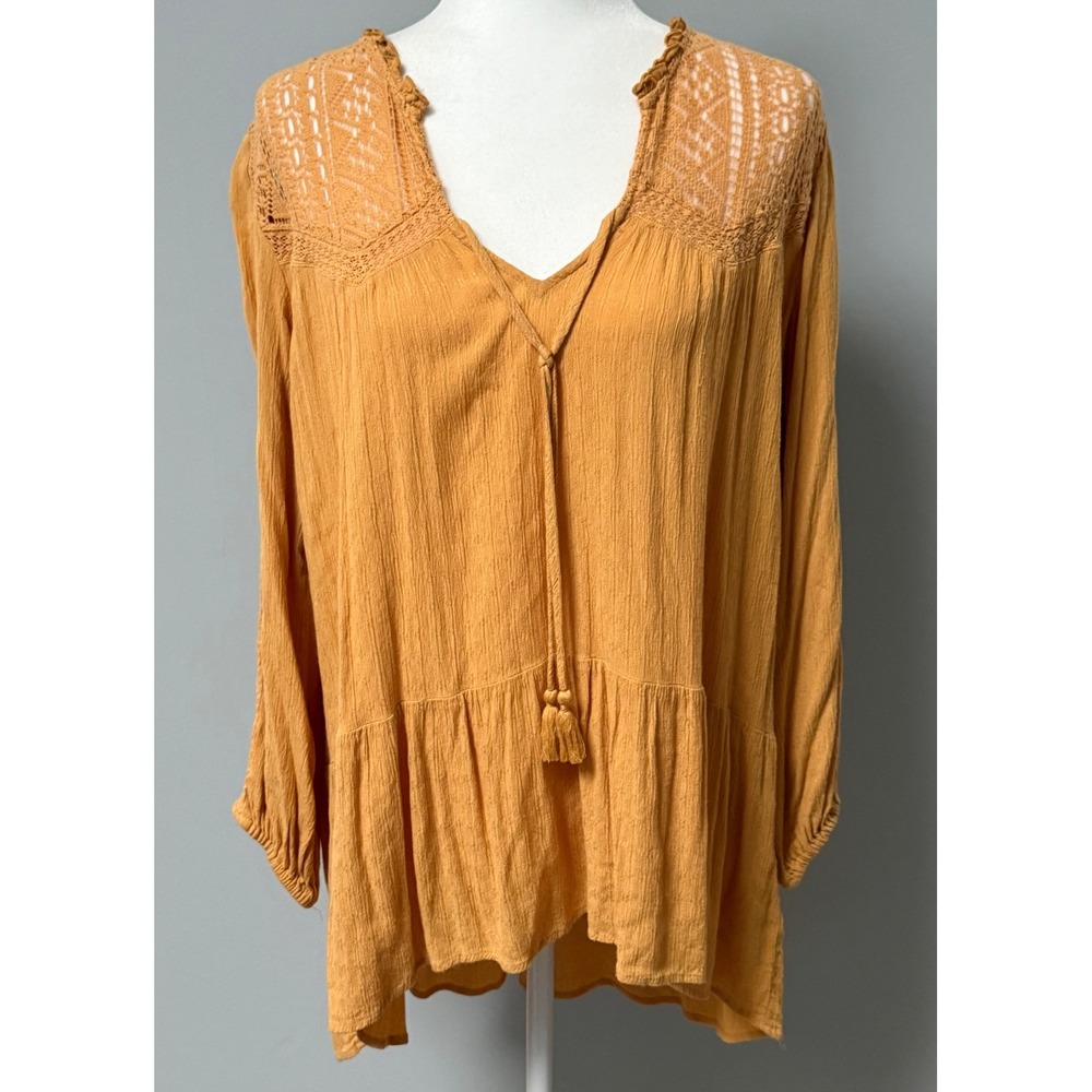 American Eagle Lace Inset Long Sleeve Tunic‎ Blouse Mustard Yellow Boho Size M